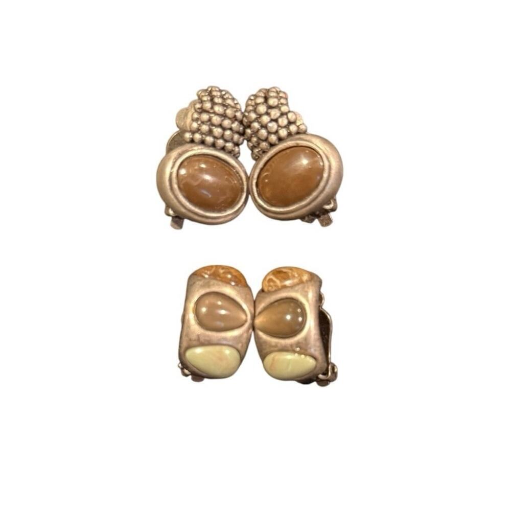 Vintage Stone Silver-Tone Clip-On Earrings Two Pairs Slight
